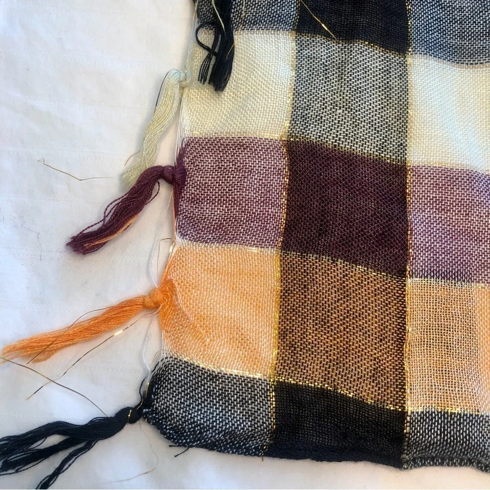 Forever 21 Scarf Buffalo Check Ivory Black Orange Metallic Thread Fringed